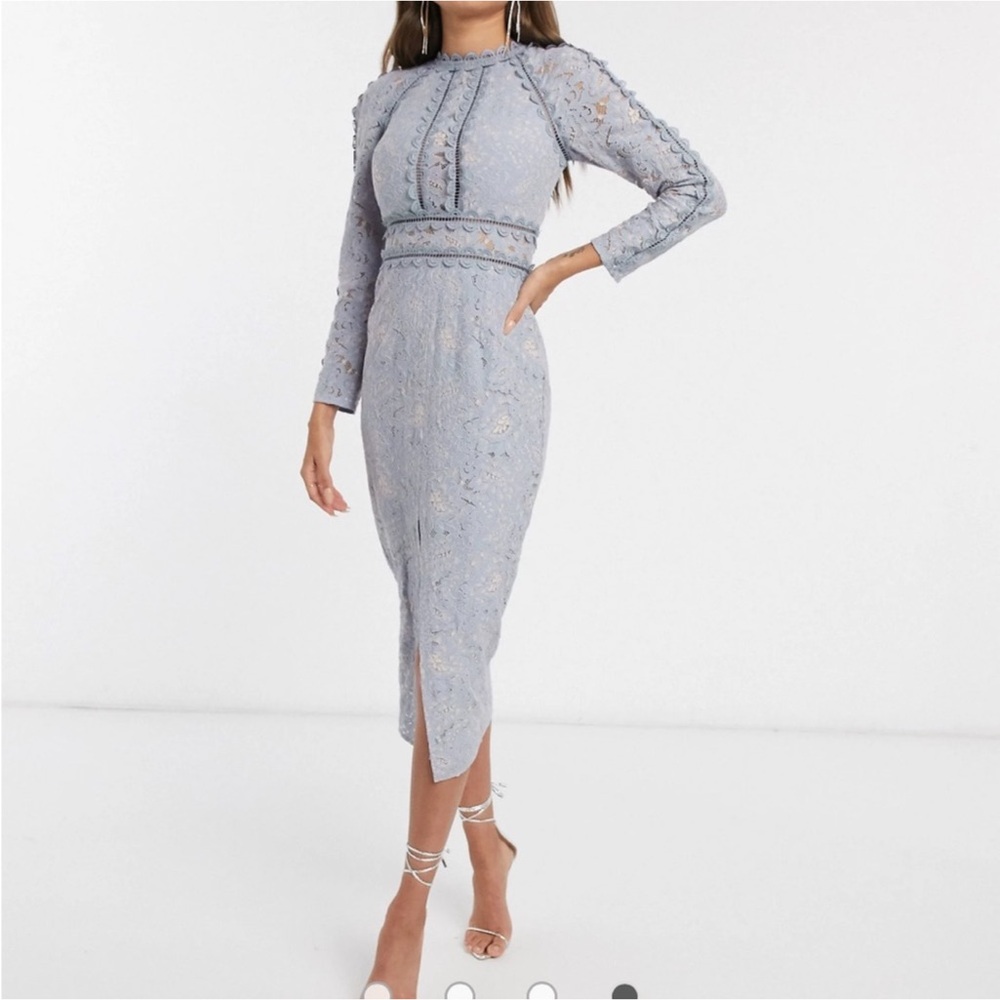 ASOS Blue Long Sleeve Pencil Dress in Lace Geo Lace Trim